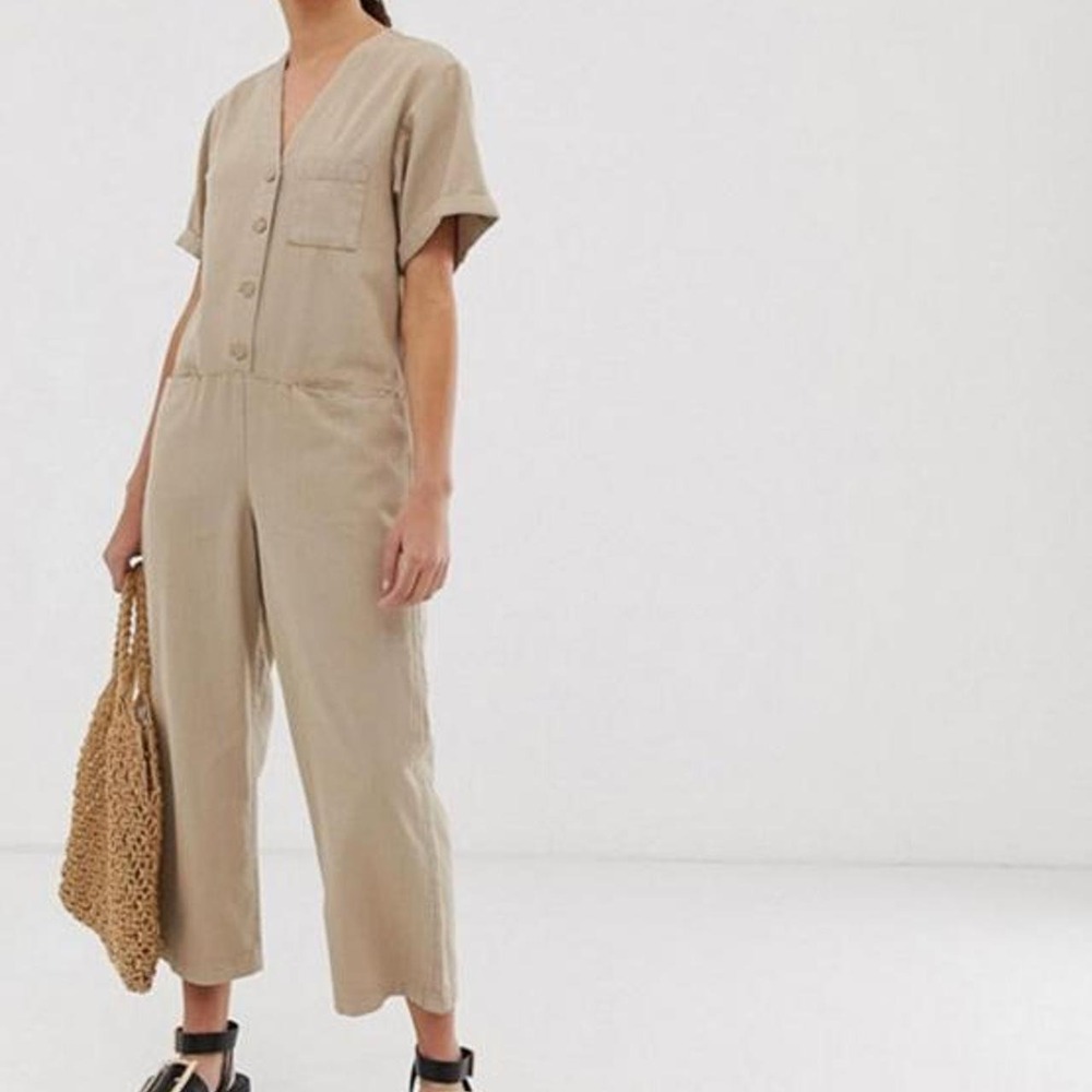 Bohemian Relaxed Monki Organic Cotton Beige Jumpsuit Playsuit Size M